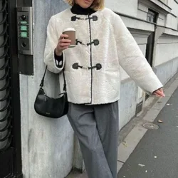 Women's Autumn and Winter New Fashion Solid Color Pullover Round Neck Cashmere Metal Buckle Long Sleeve Loose  Cardigan Coat