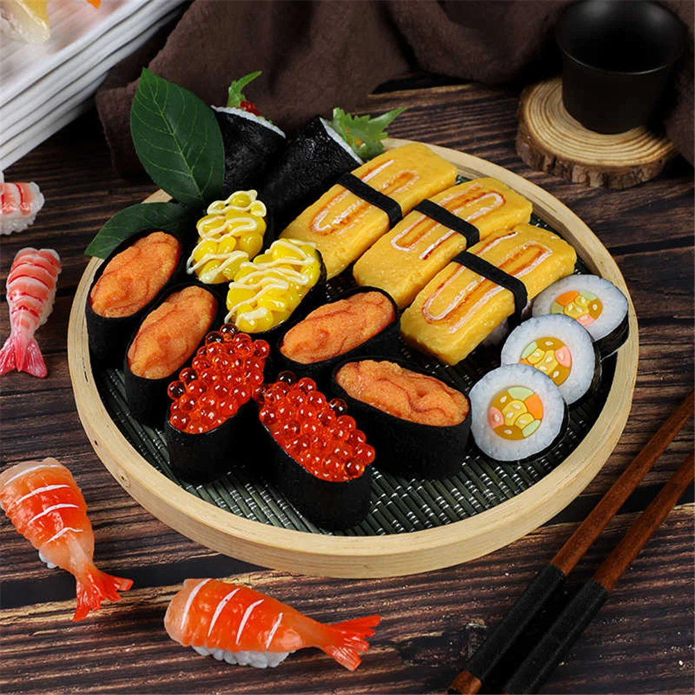 

fake Simulation artificial realistic food Tempura Corn Salmon tuna Scallop Squid Shrimp Fish Crab Roe Rice Sashimi sushi