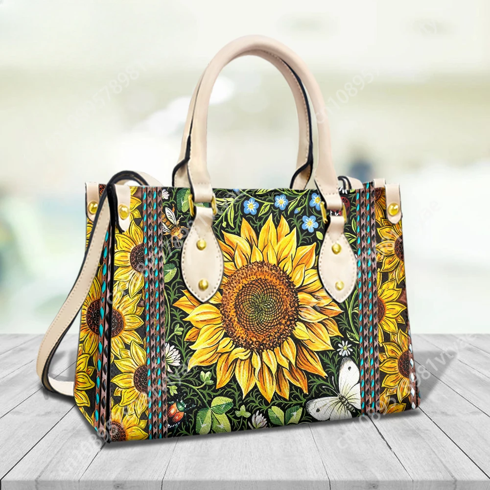 

Thanksgiving Gift Custom Tote Bags for Women Ladies Sunflower Pattern New Stylish Leather Shoulder Bag Female Flowers Clutch Hot