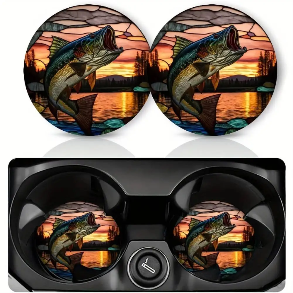 Bass Fish Sunset EVA Car Cup Holder Coasters Circular Vibrant Print Auto Interior Decor & Gift