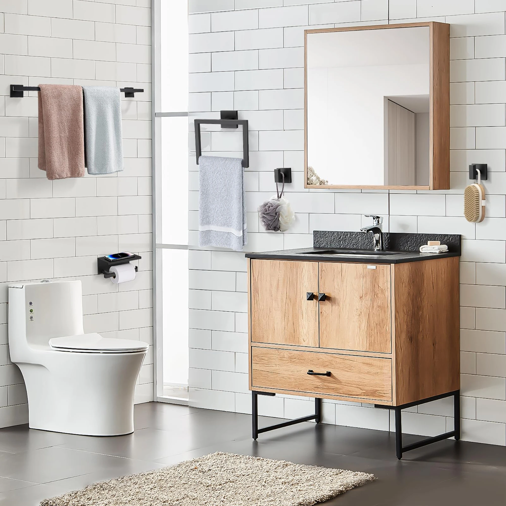 5-Piece Bathroom Hardware Set SUS304 Towel Bar Toilet Paper Holder with Shelf