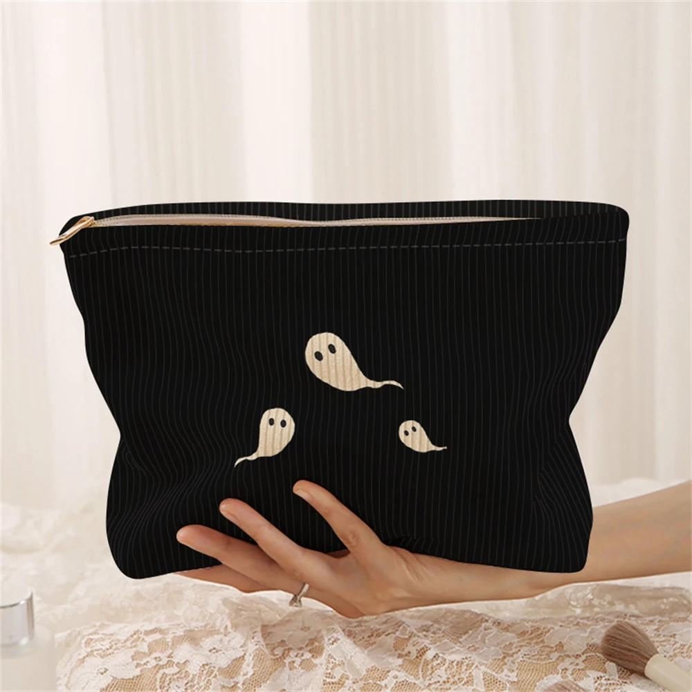 1 ghost patterned corduroy makeup bag, lightweight zipper makeup storage box, multifunctional bag with lining
