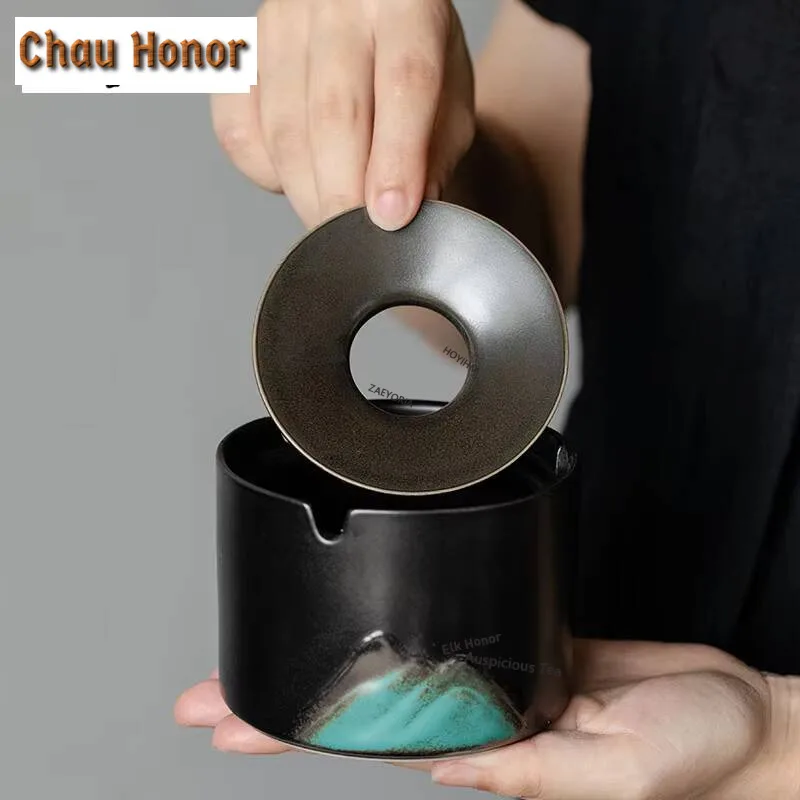 Kiln Fambe Ashtray Black Pottery Ash Tray Luxury Gift for Boyfriend Household Weed Smoking Tea Items Equipment Decoration