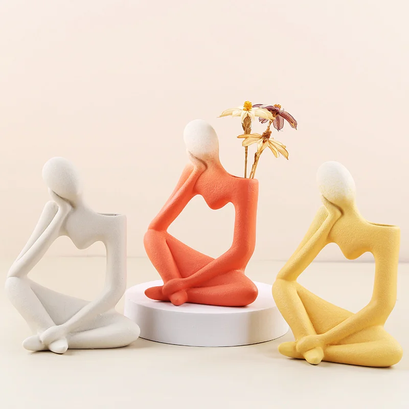 Nordic Setting Thinking Man Figures Vase Thinker Statue Sculpture Abstract Ceramic Hydroponic Planter Home Decor