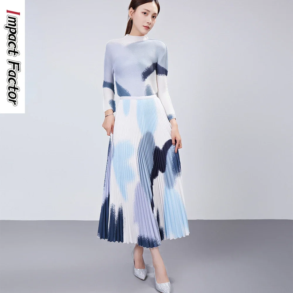 

Gradient Pleated Long Sleeve Top Two Piece Set of Miyake Fashion Printing Temperament Elegant Half Skirt Set for Women
