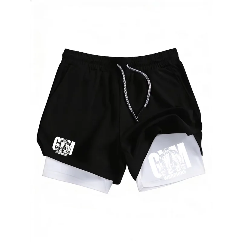 Men 2 In 1 Gym Warriors Print Shorts Quick Dry Double Layer Compression Liner Running Workout Training Sports Short Pants