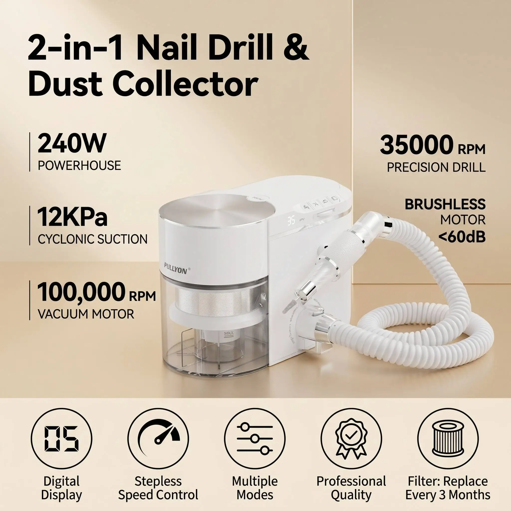 240W  Brushless 2-in-1 Nail Drill Vacuum 35000RPM Manicure Station Dust Collector Factory Wholesale 2026 PULLYON