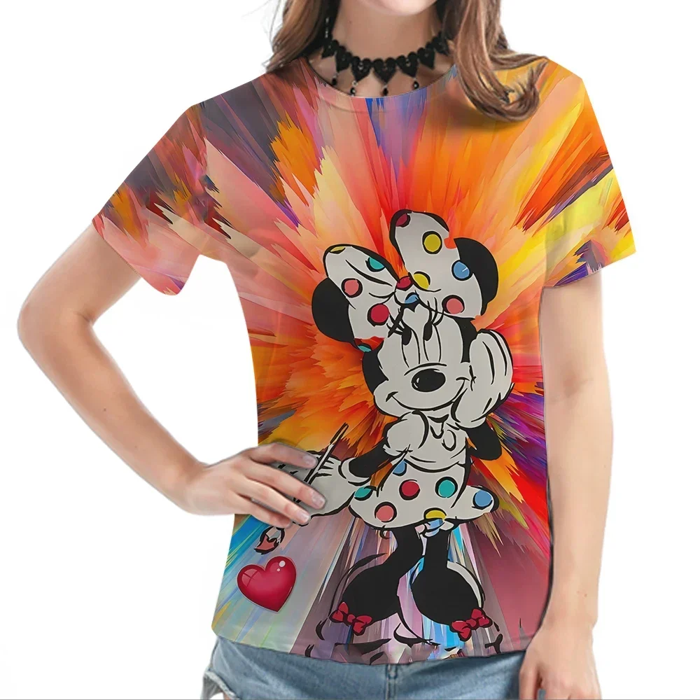 2024 Disney Minnie Mouse 3d T-shirt da donna Cute Cartoon Graphic Tees Divertente Harajuku Disney T-shirt Moda casual T-shirt femminile