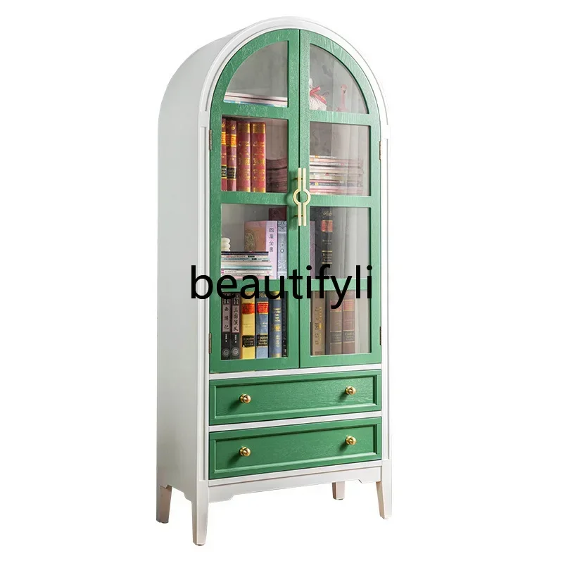 

z.Solid Wood American Arch French European Retro Glass Door Dustproof Bookshelf Custom Storage Wine Cabinet