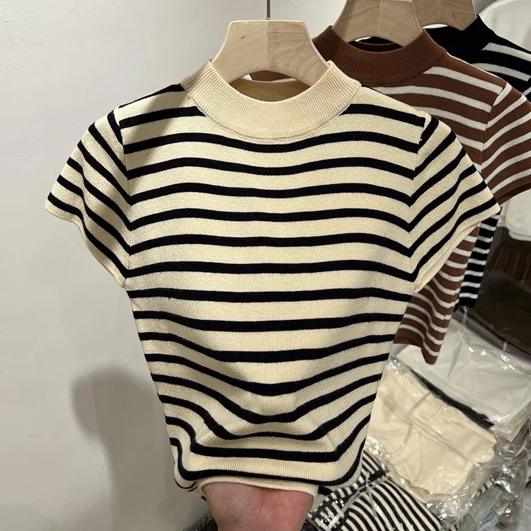 2026 Rollkragenpullover Gestreifter Pullover Slim Fit Oberteil Damen Frühling und Herbst Kurzarm Unterziehpullover – Detail 1