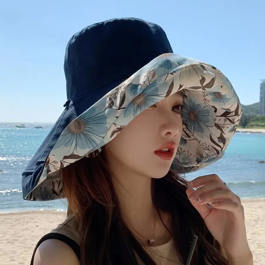 Female Bucket Hats Summer Printed Cotton Double-Sided Fisherman Hat Enlarged Brim for Sun Protection and UV Protection Caps