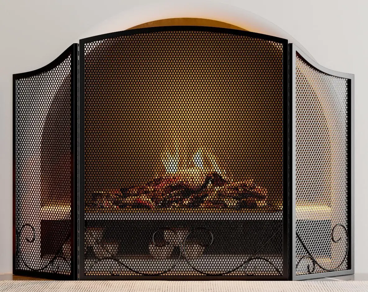 

Lizh Metalwork 3-Panel Black Wrought Iron Fireplace Screen,48"(L) x 29"(H) Spark Guard with Scrolling Design,Decorative Hear