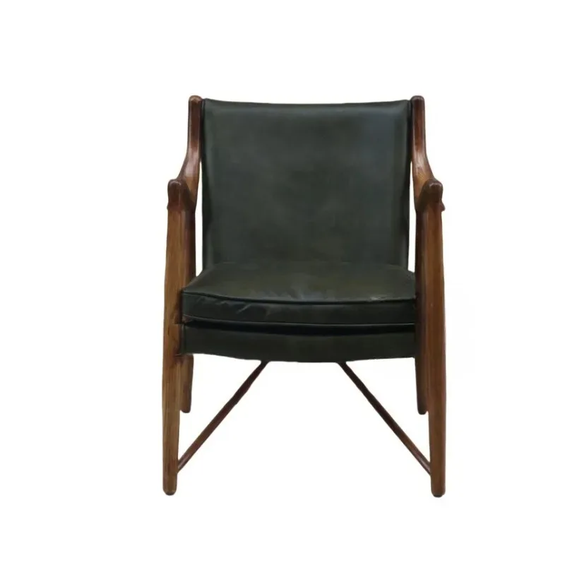 single chair, office leisure chair, oil-waxed leather green solid wood armrest sofa chair, top-tier cowhide chair