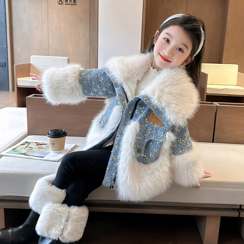 Girls' Autumn and Winter Furry Sweater Imitation Fur Thickened Warm Denim Sequined Coat