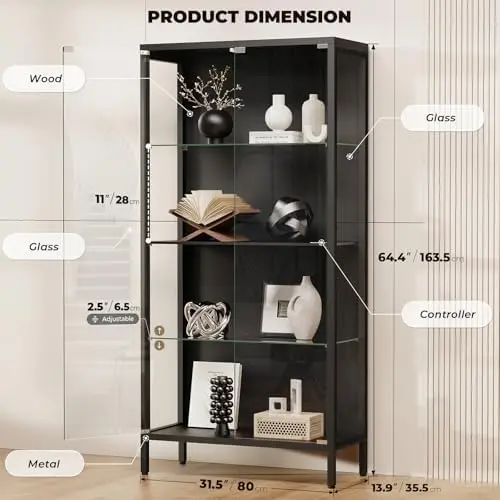 Display Cabinet with Glass Doors, 4-Tier Curio Cabinet with 3 Color Lights, Metal Glass Display Case with Motion
