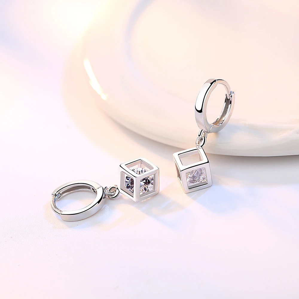 925 Sterling Silver Fashion Jewelry Crystal Hollow Square Box Drop Earrings For Woman New XY0008