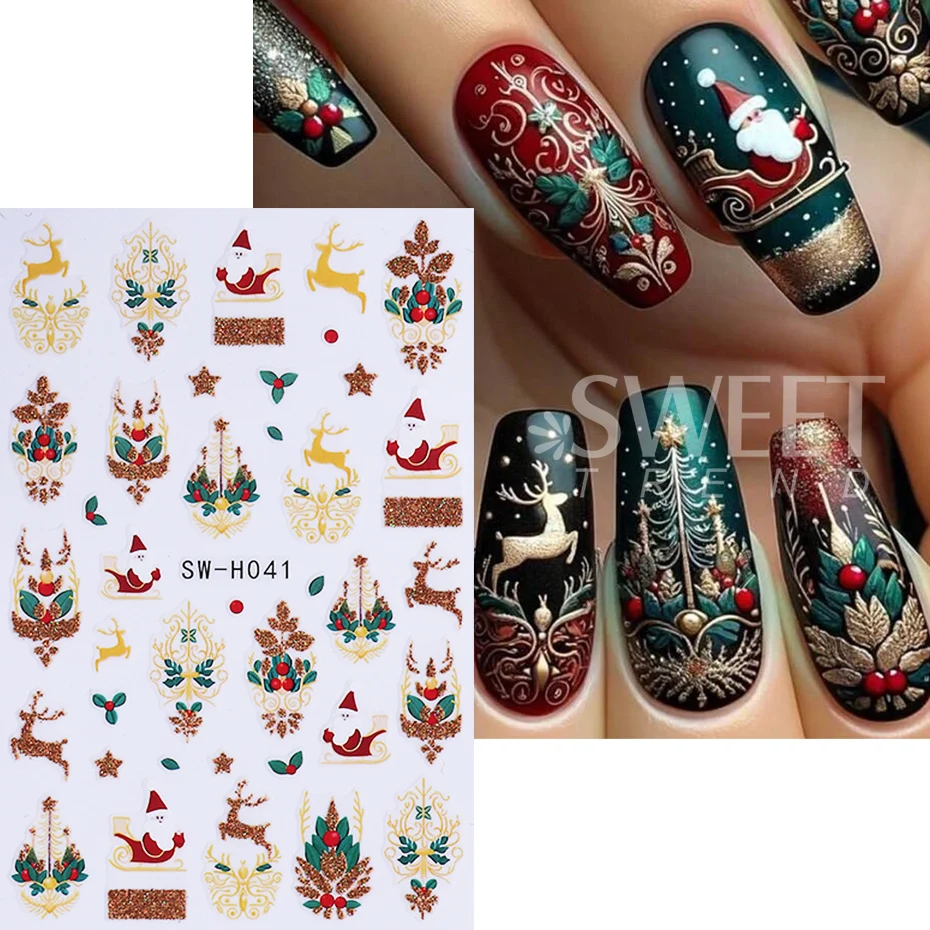 3pcs Christmas Nail Stickers 3D Glitter Reindeer Santa Claus Holly Bow bell Fireworks Nail Slider Decals DIY Manicure Decoration
