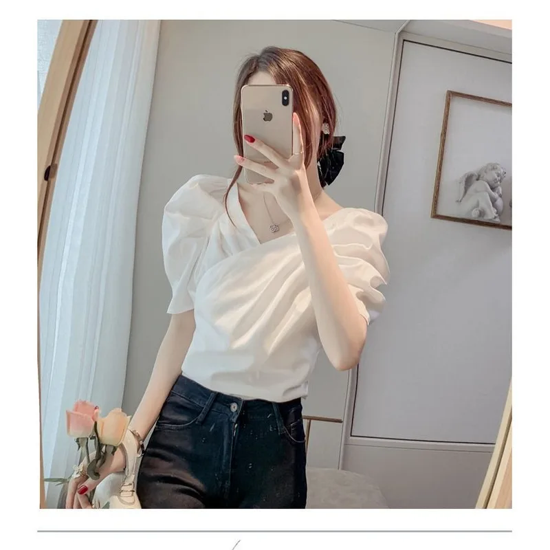 Puffy Sleeve Chiffon Female Summer 2024new Design Short Sleeve Blouse Cross T-shirt V-neck Slim Short Tops Women\'s Clothing Traf