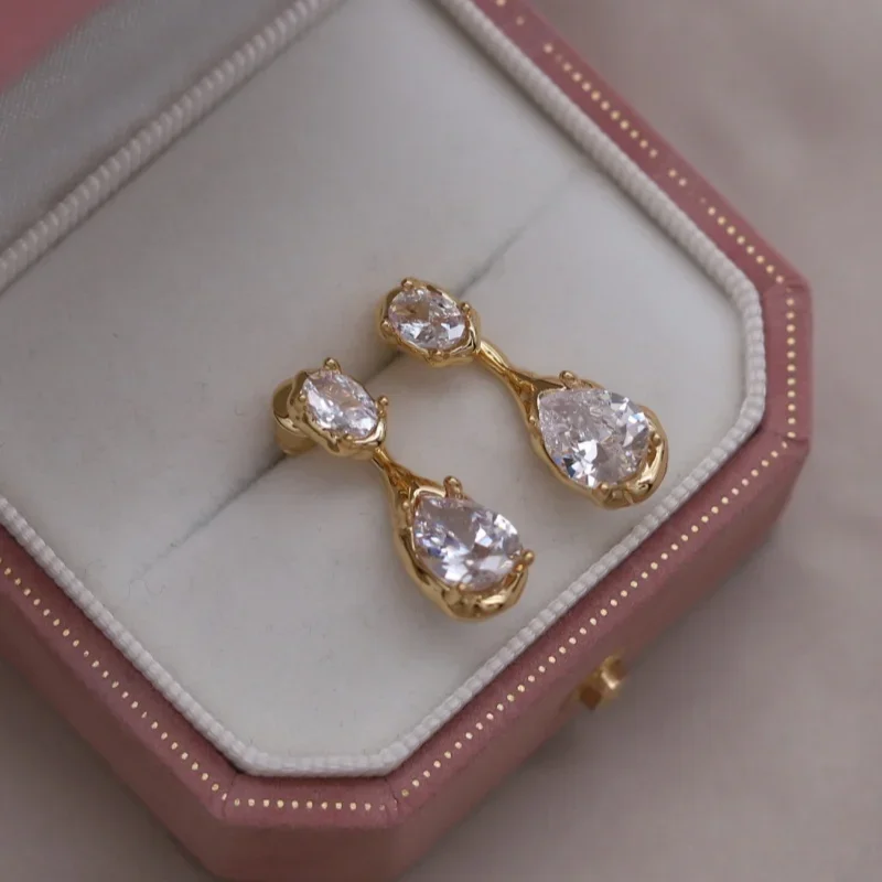 France new design fashion jewelry 14K gold plated teardrop zircon earrings elegant and simple daily work accessory for women