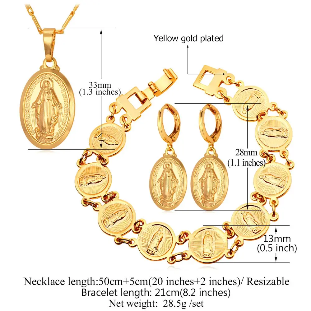 U7 New Virgin Mary Earrings Bracelet Necklace Set Wholesale Trendy Gold Color Christian Cross Women Jewelry Sets S681