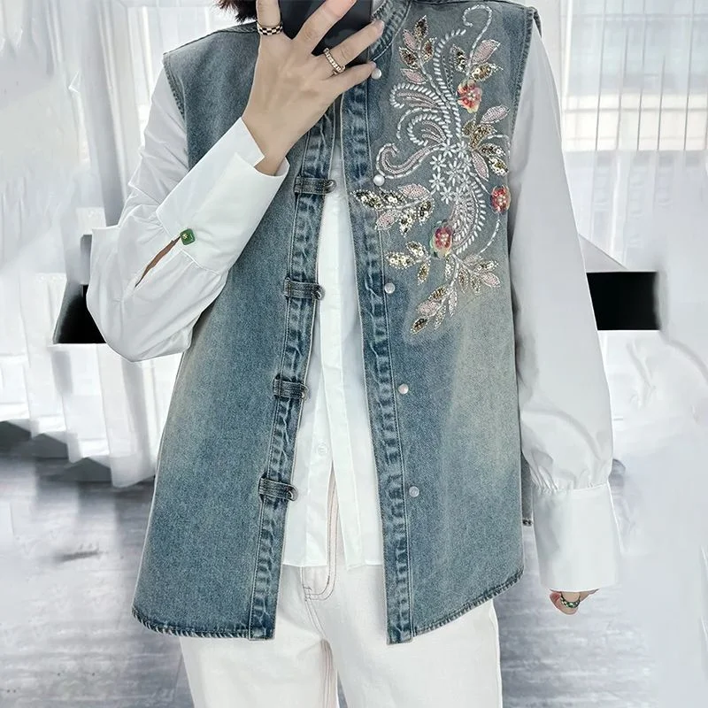Versatile Lapel Short Denim Vest For Women 2025 New Women's Spring Autumn Cothing Loose Retro Printed Jean Coat Beauty Fashion