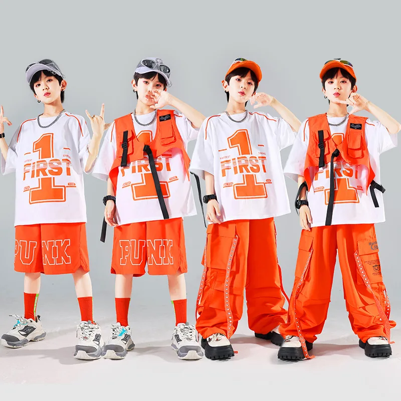 ชุดเสื้อผ้าฮิปฮอปสำหรับเด็ก เสื้อกั๊กสีพื้น เสื้อยืด กางเกงขาสั้น กางเกงคาร์โก้ ชุดเต้นสตรีทแดนซ์สำหรับเด็กผู้ชาย ชุดเต้นแจ๊สและโมเดิร์นแดนซ์สำหรับเด็กผู้หญิง