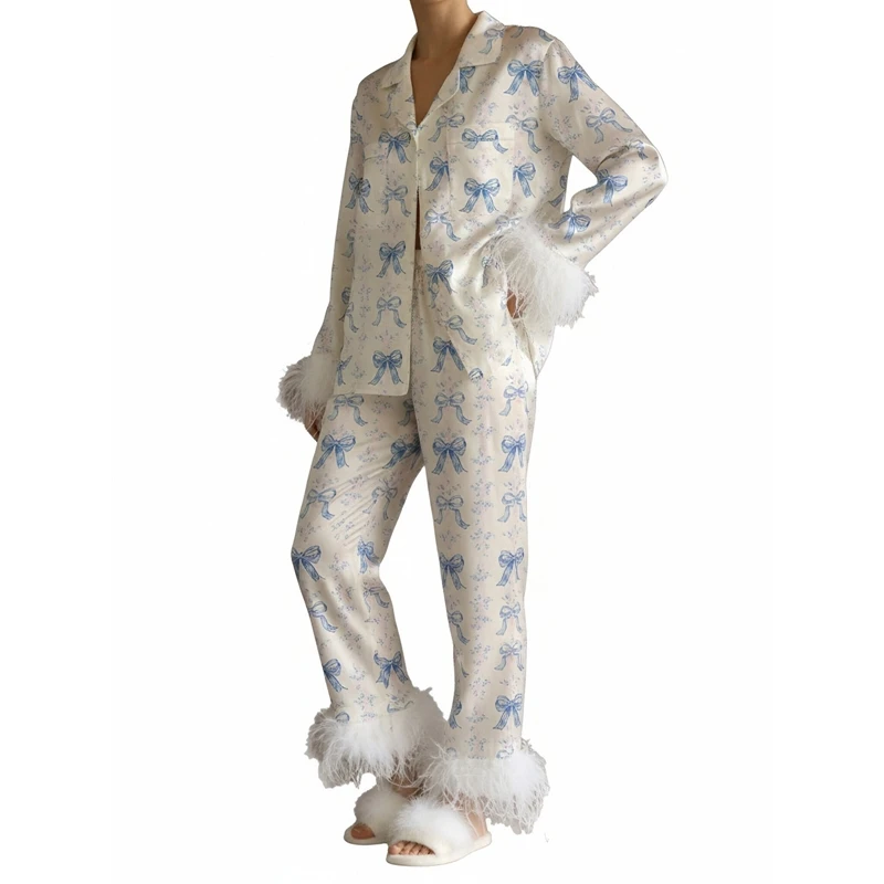 

Women Valentine's Day Sleepwear Feather Trim Pajama Heart Bow Long Sleeve Shirt Pants 2 Piece Set Silk Satin Lounge Outfits