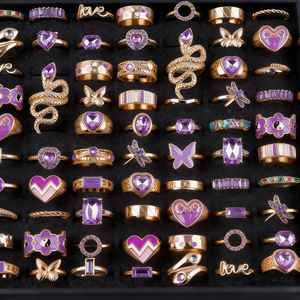 6/12/24/Pieces Fashion Purple Rheinstone Rings Set For Women Mix Snake Heart Love Spakling Jewelry Party Gifts