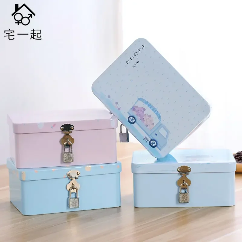 House with Lock Tinplate Desktop Organizer Storage Small Cosmetic Box