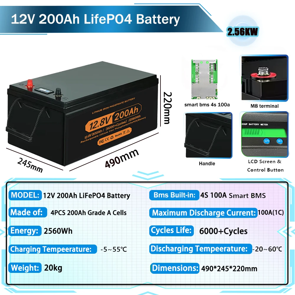 LiFePO4 12V 24V 48v 70ah 100ah 200ah 280Ah Gloednieuwe LiFePO4 Lithiumbatterij 100A BMS 6000+ cyclisch voor omvormer Solar RV Geen belasting