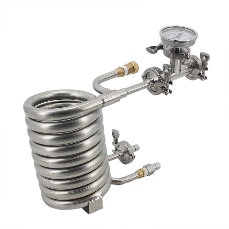 oo-New Compact 12ft Convoluted Counterflow Wort Chiller Package Inline Thermometer Disconnects Brand New Stainless Steel 304
