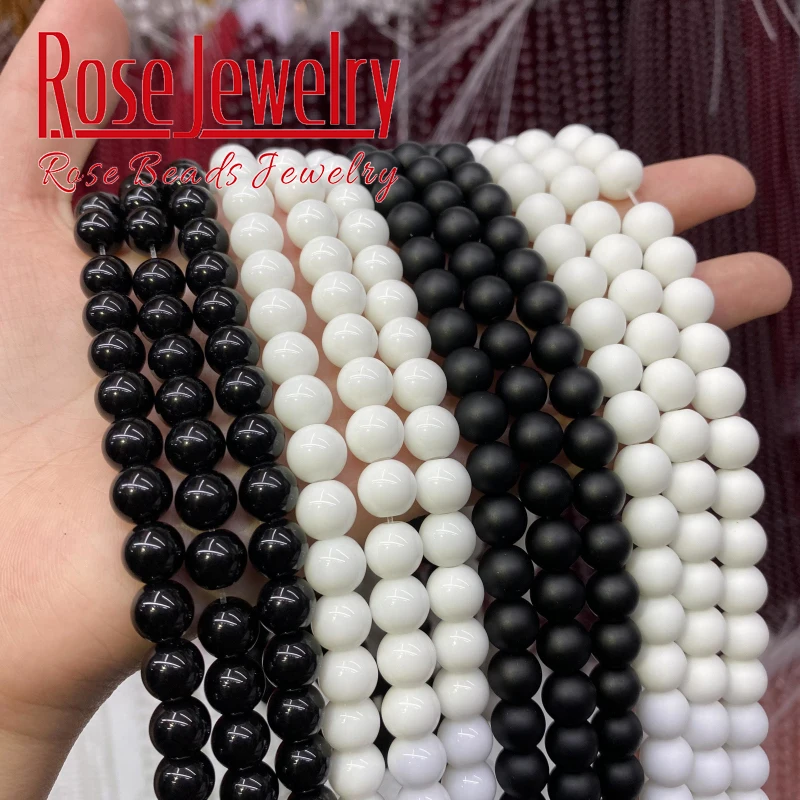 Natural White Black Dull Polished Matte Onyx Agates Beads Round Loose Beads For Jewelry Making DIY Bracelets 15