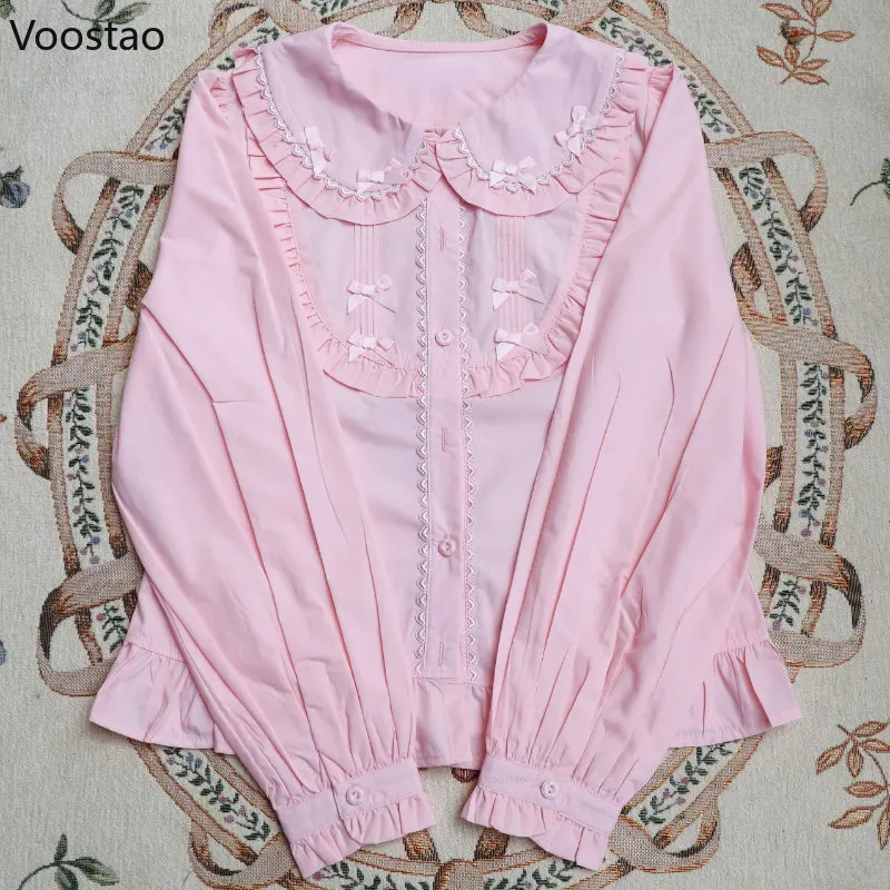 Japanese Gothic Y2k Lolita Blouses Women Vintage Cute Ruffles Peter Pan Collar JK Shirts Girls Sweet Kawaii Blusas Mujer Tops