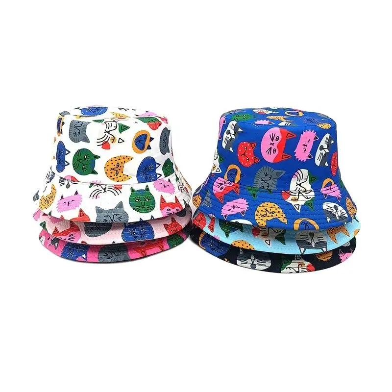 

2024 Four Seasons Polyester Cartoon Cat Print Bucket Hat Outdoor Travel Sun Cap For Child Boy and Girl 96