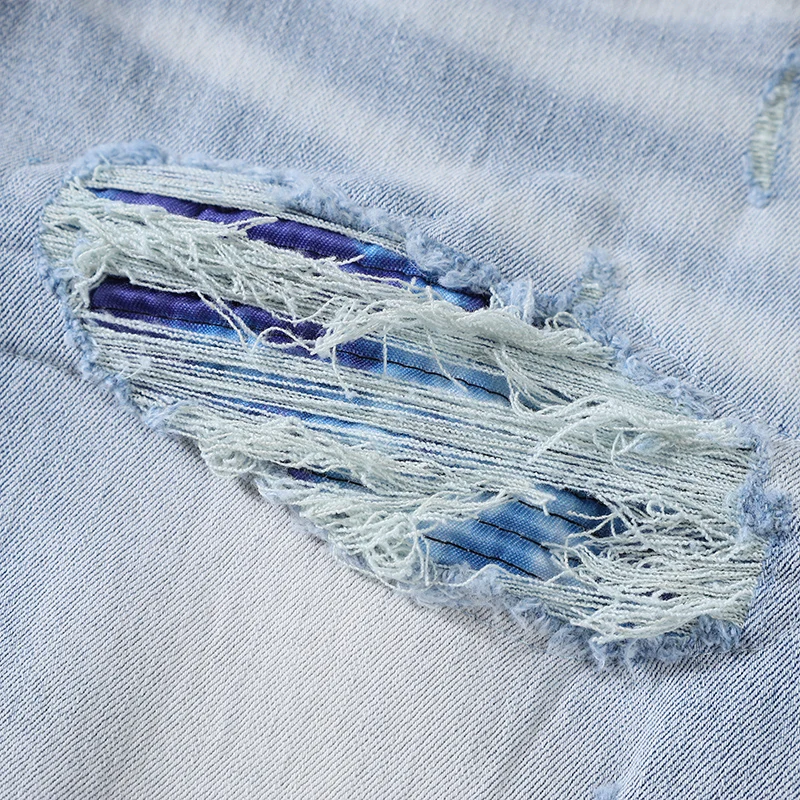 High Street Fashion Men Jeans Retro Light Blue Stretch Skinny Fit Patched Ripped Jeans Men Brand Designer Hip Hop Denim Pants