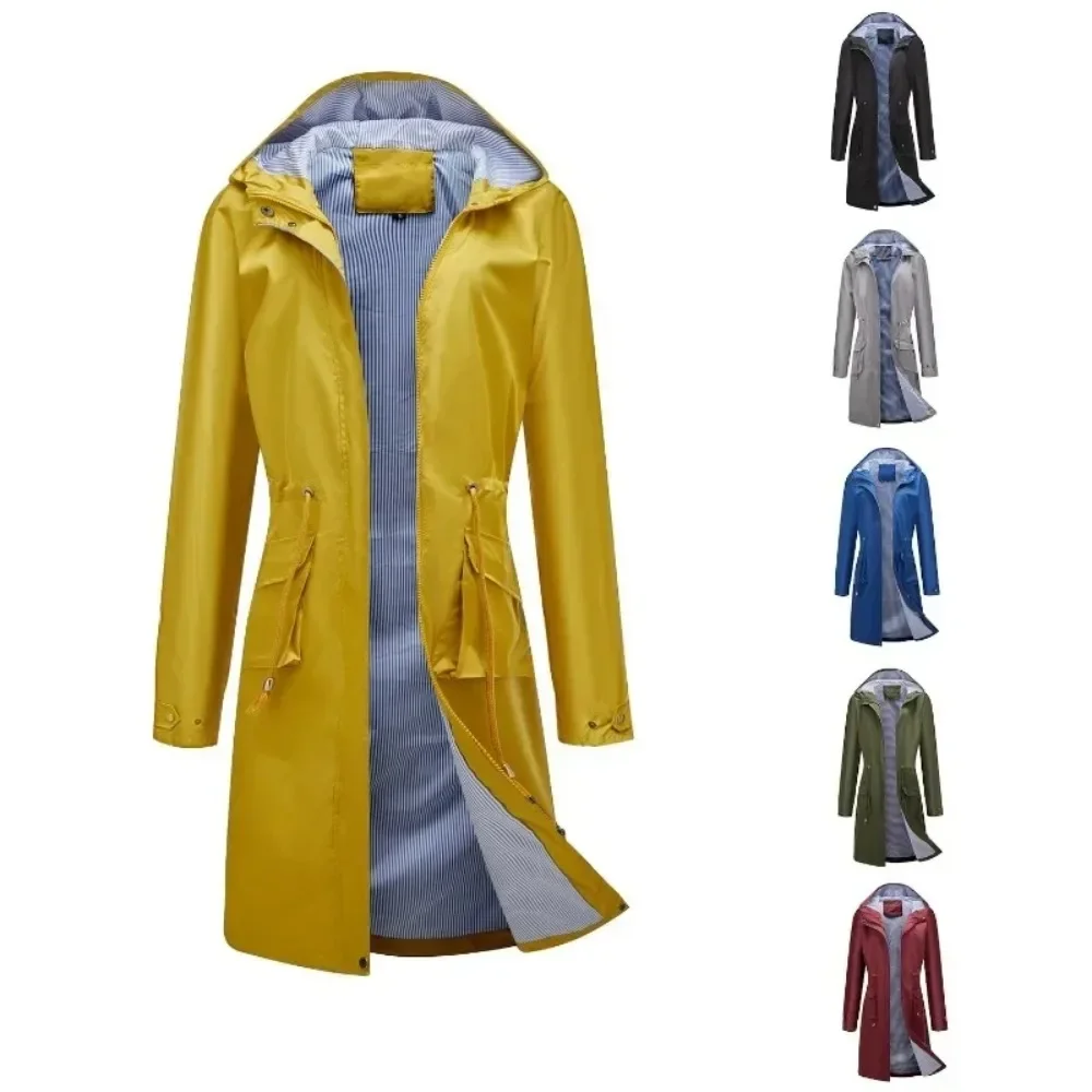 Damen-Trenchcoat für Frühling und Herbst, lang, lässig, wasserdicht, mit Kapuze, einfarbig, gestreift, Futter, schmaler Mantel, wasserabweisende Kapuze