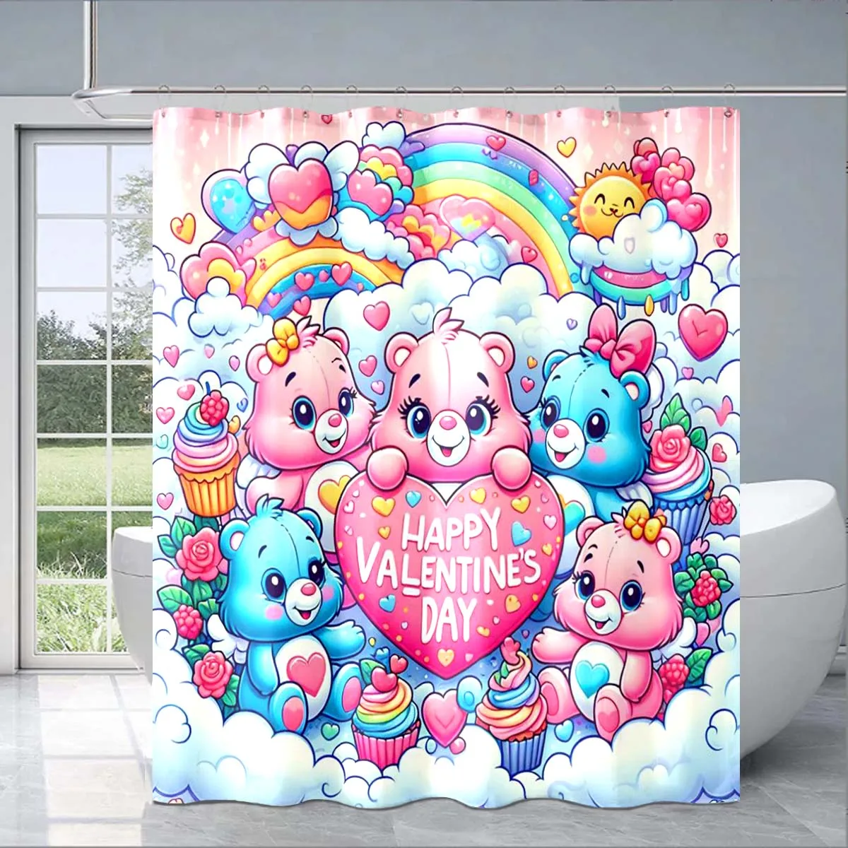 Cartoon Teddy Bear Shower Curtain, Love Teddy Bear Pattern Shower Curtain, Adult and Children's Bathroom Decoration