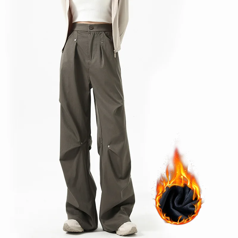 Fleece Riveted Cargo Pants for Women Fall and Winter 2025 New Thickened Casual Sweatpants High-waisted Loose Wide-leg Pants