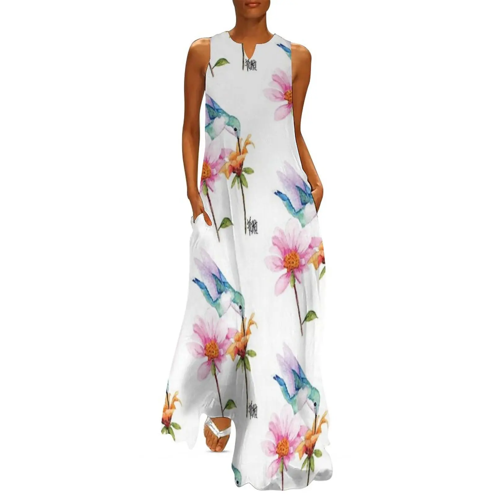 

Blue Hummer with Pink and Orange Flowers Long Dress women's summer dresses 2025 dresses for woman 2025 Evening dresses