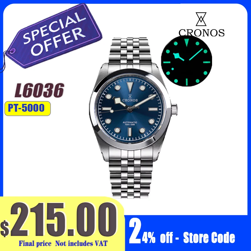 Cronos New Mechanical Men Watches 36mm Automatic PT5000 SW200