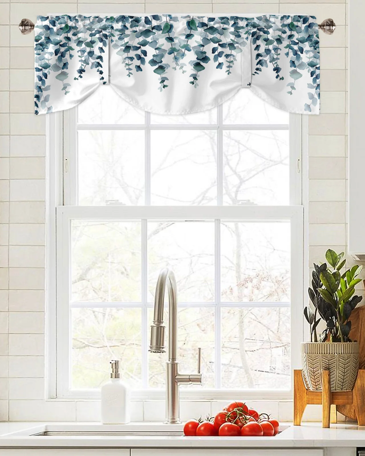 

Watercolor Plant Leaves Window Curtain Living Room Kitchen Cabinet Tie-up Valance Curtain Rod Pocket Valance