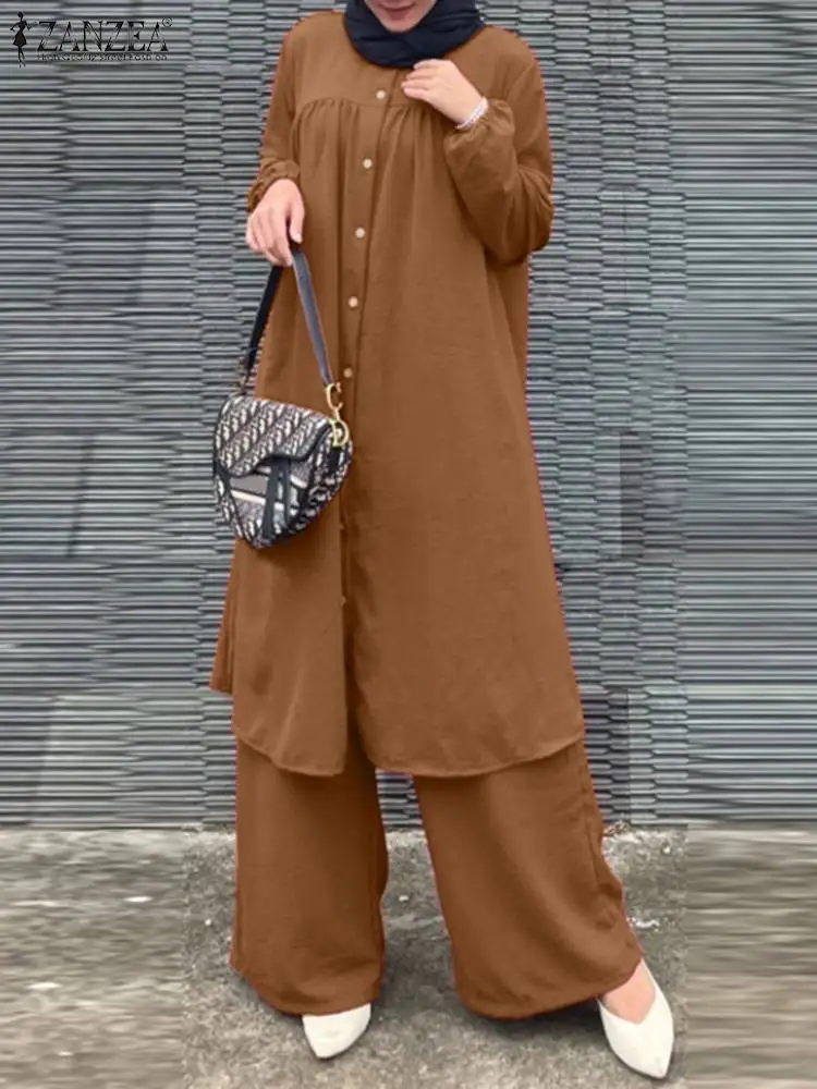 

ZANZEA Fashion Two Piece Sets Womens Outifits Muslim Wide Leg Trousers Suits Solid Long Tops Pant Sets Islamic Tracksuit