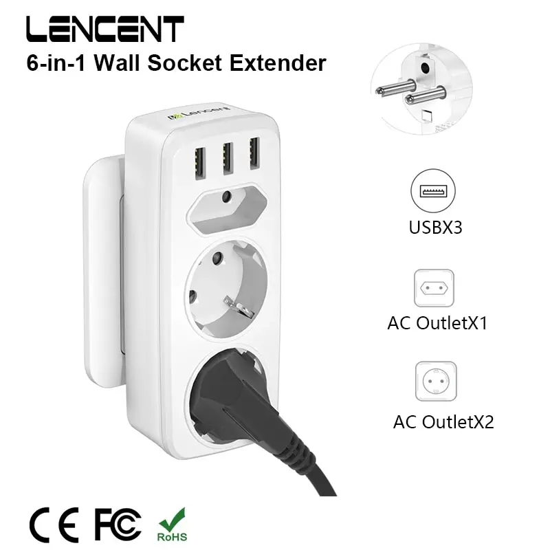 LENCENT EU Plug 6-in-1 Wall Socket Extender with 3 AC Outlet 3 USB 4000W 5V2.4A Wall Charger for Home/Office