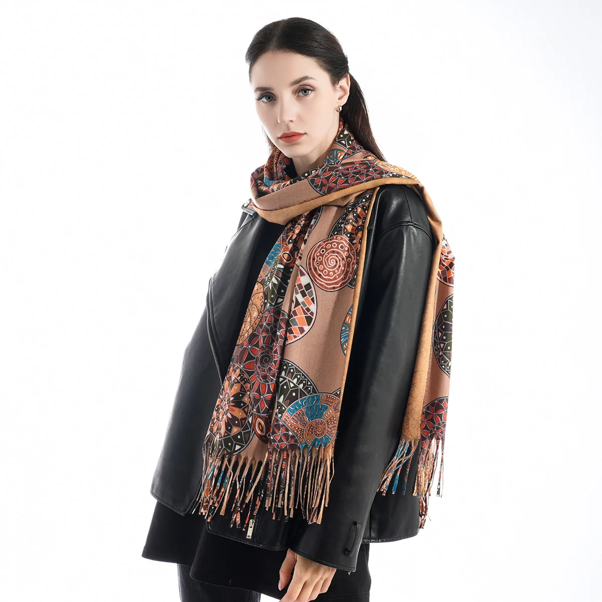 A women\'s multi-color imitation cashmere oil painting style digitally printed long tassel scarf and shawl