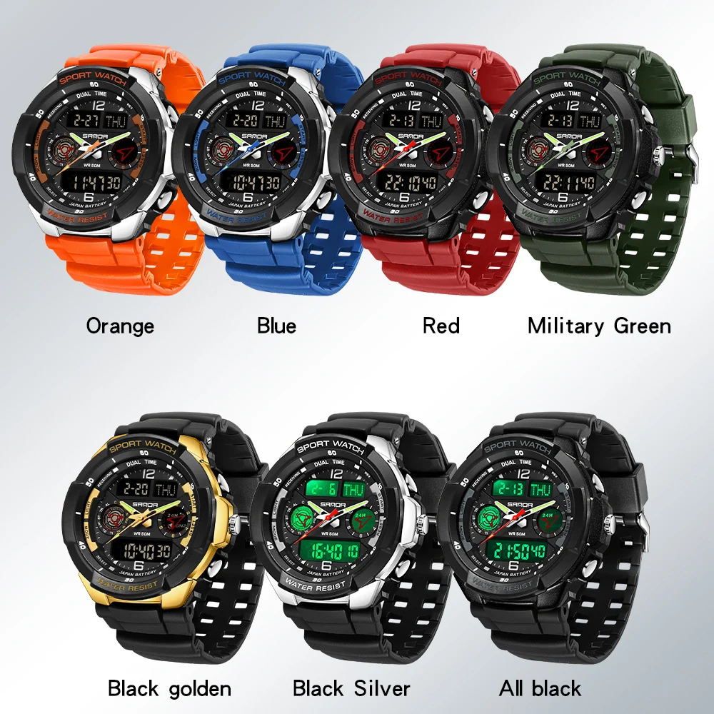 SANDA Brand Casual Men\'s Sport Watches Backlit 50M Waterproof Man Alarm Clock Double Display Wristwatch Men Digital Watch