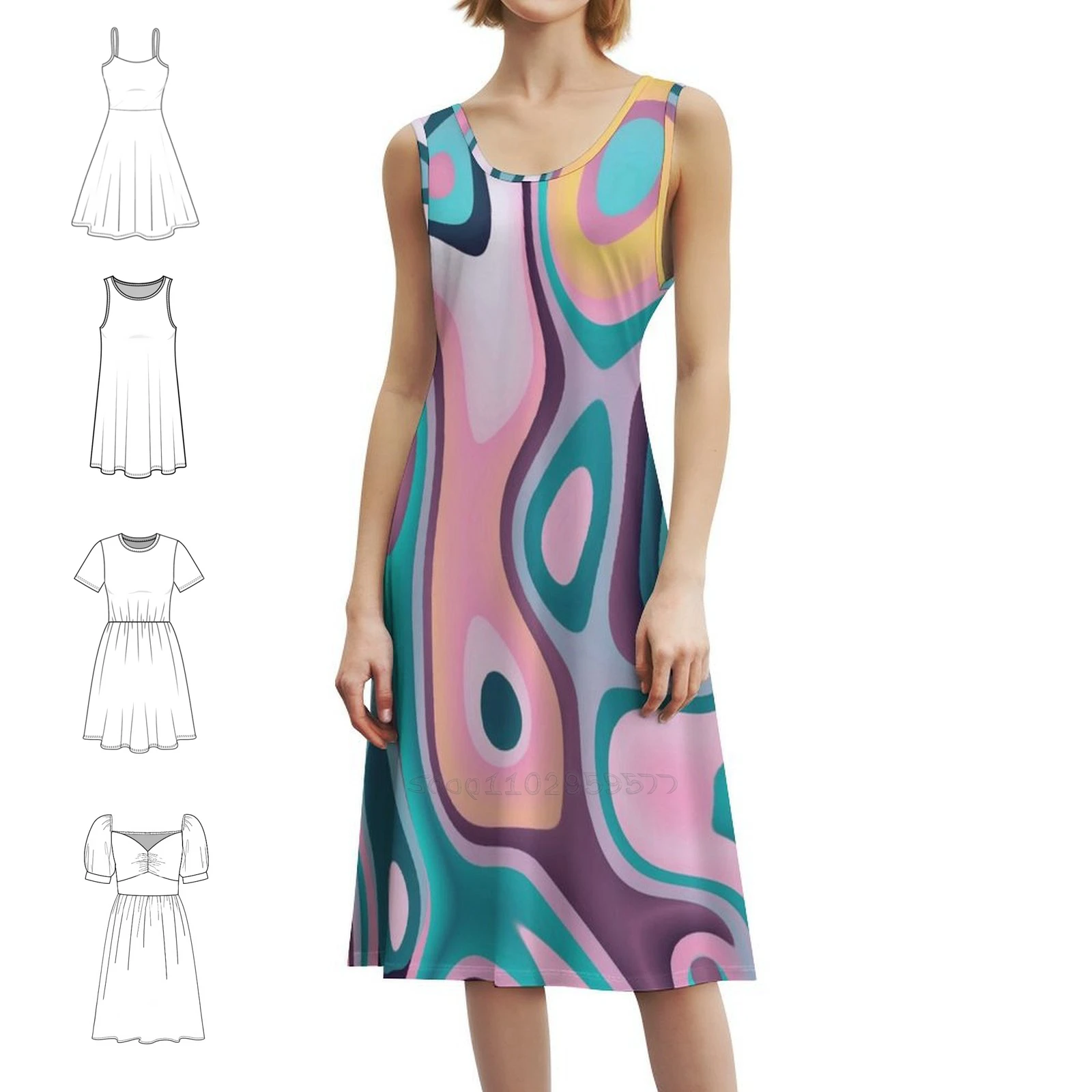 

" 80'S Diner " Wavy Color Pallete Sweetheart Neckline Dress Elegant Summer Party Dress For Women 80S Wavy Abstract 80 S