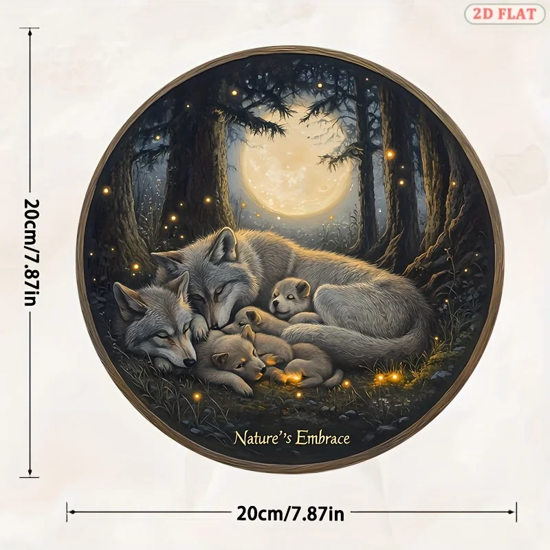 Wolf Family Moonlight Forest Round Metal Tin Sign Nature's Embrace Wildlife Wall Art Decor Vintage Animal Plaque For Home Living