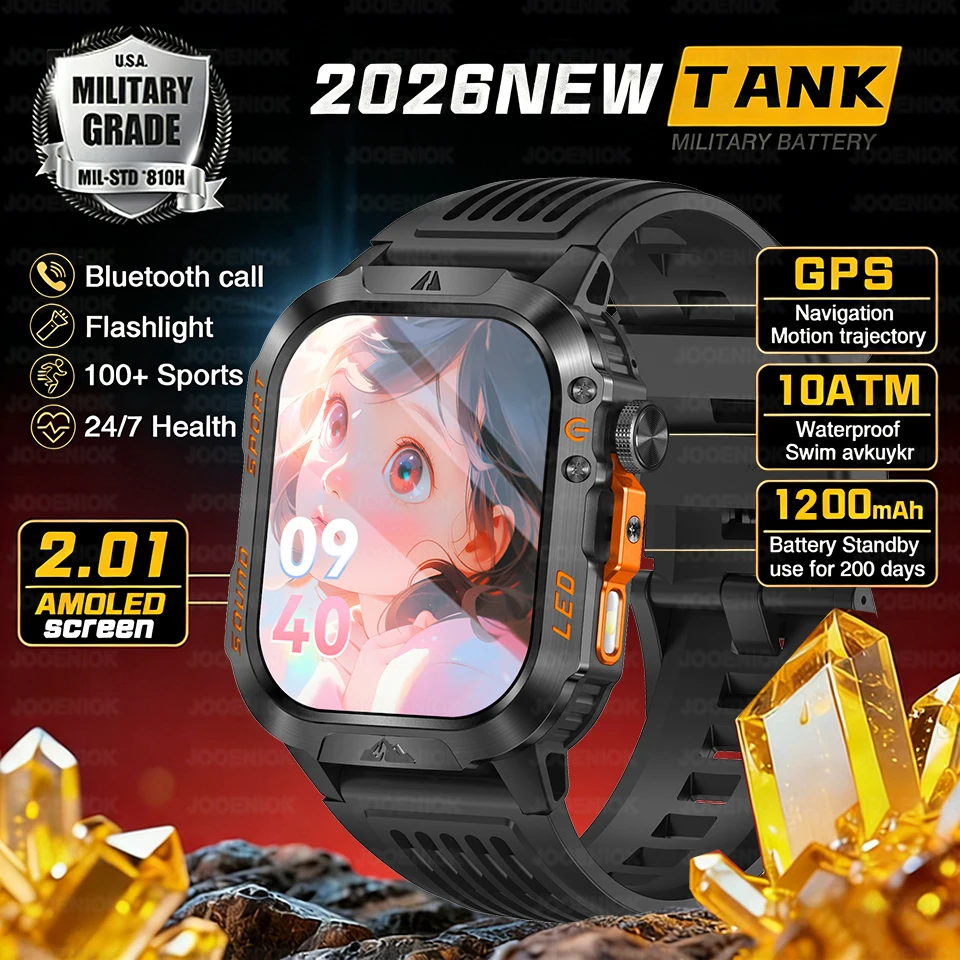 

1200mAh Large Battery GPS Smart Watch Men 2.01-inch Screen LED Flashlight Heart Rate Bluetooth Call 5ATM Waterproof Smartwatch