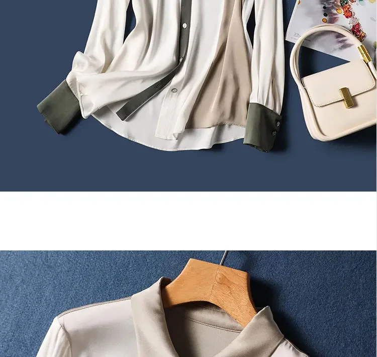 Satin Vintage Women's Shirts New Silk Korean Clothing Loose Fit Long Sleeves Tops Polo-neck Casual Patchwork Women Blouses