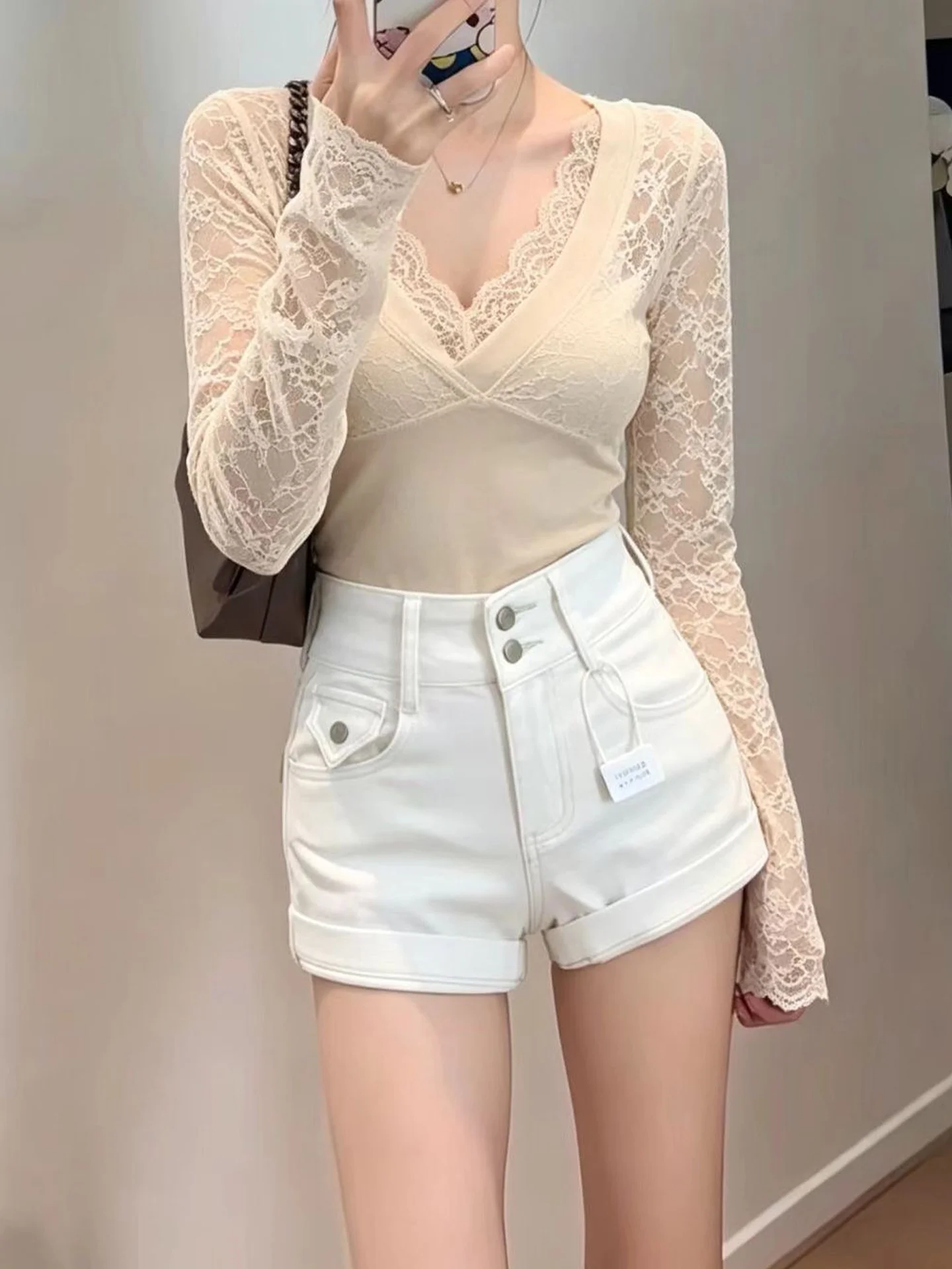 High Waist Straight Leg Denim Shorts Women's Fashion Slimming Elastic A-Line Wrap Body Heat Shorts Trendy Pure Color Jeans
